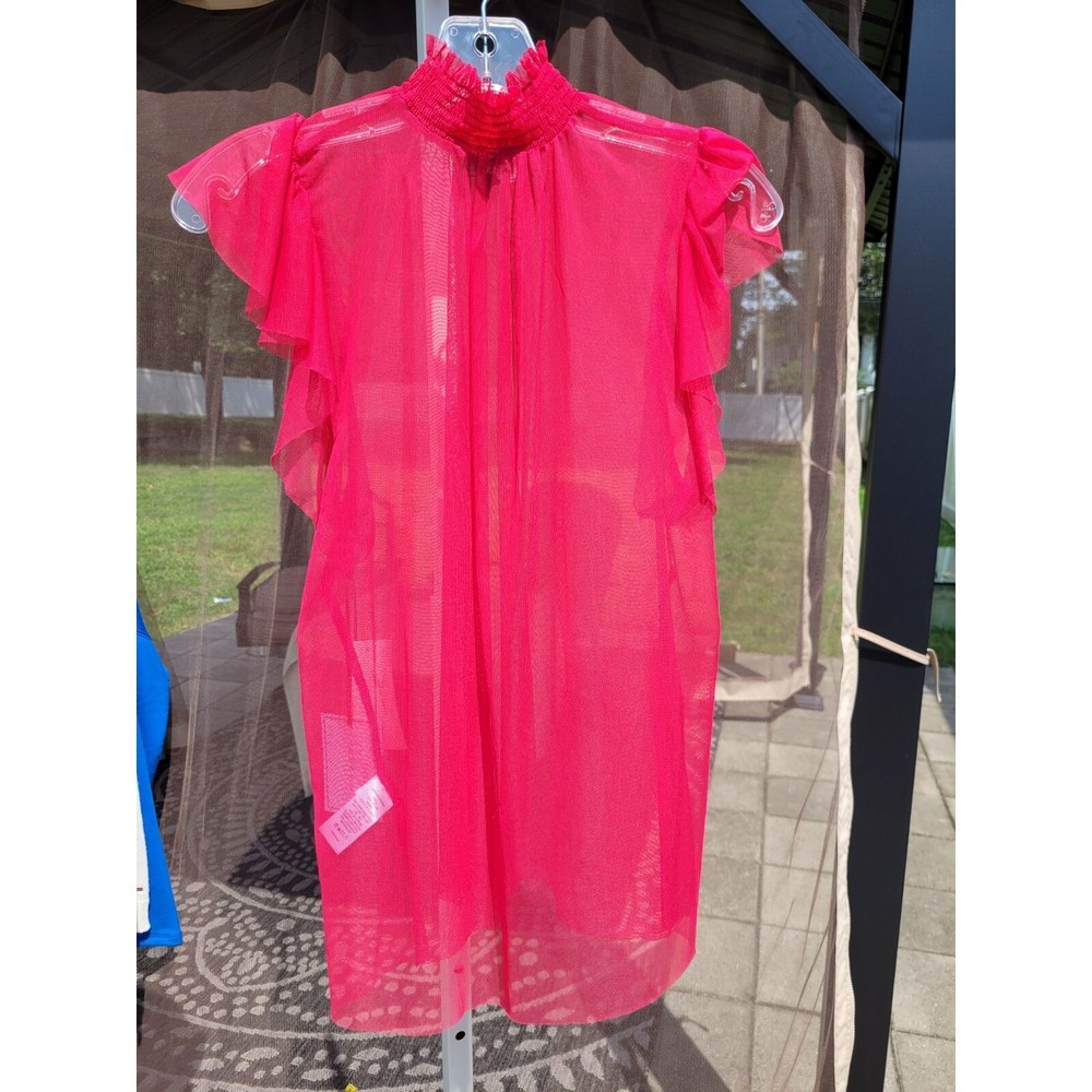 1 State Mock Neck Ruffle Sleeve Red Sheer Cocktail Party Top (Medium) NWT - Picture 6 of 6